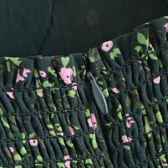 Green Floral Sweetheart Neck Chiffon Dress with Ribbon Straps - Picture 14 of 16